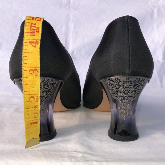 Salvatore Ferragamo “Boemia,” Black Silk Like Fabric, 2.75” Lucite Heel w/Lace - Picture 9 of 16